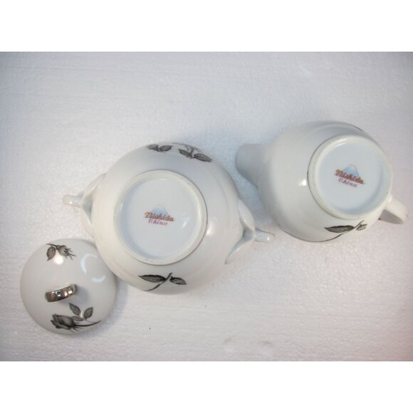 Vintage Nishida Silver Black Rose Creamer and Sugar Bowl Set - Picture 6 of 14